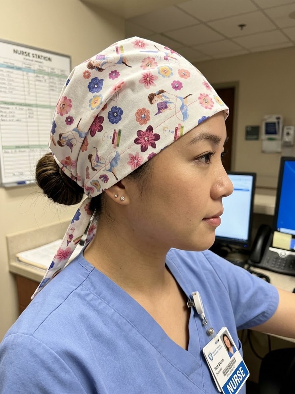 Floral Print Adjustable Scrub Caps - Pink & Purple